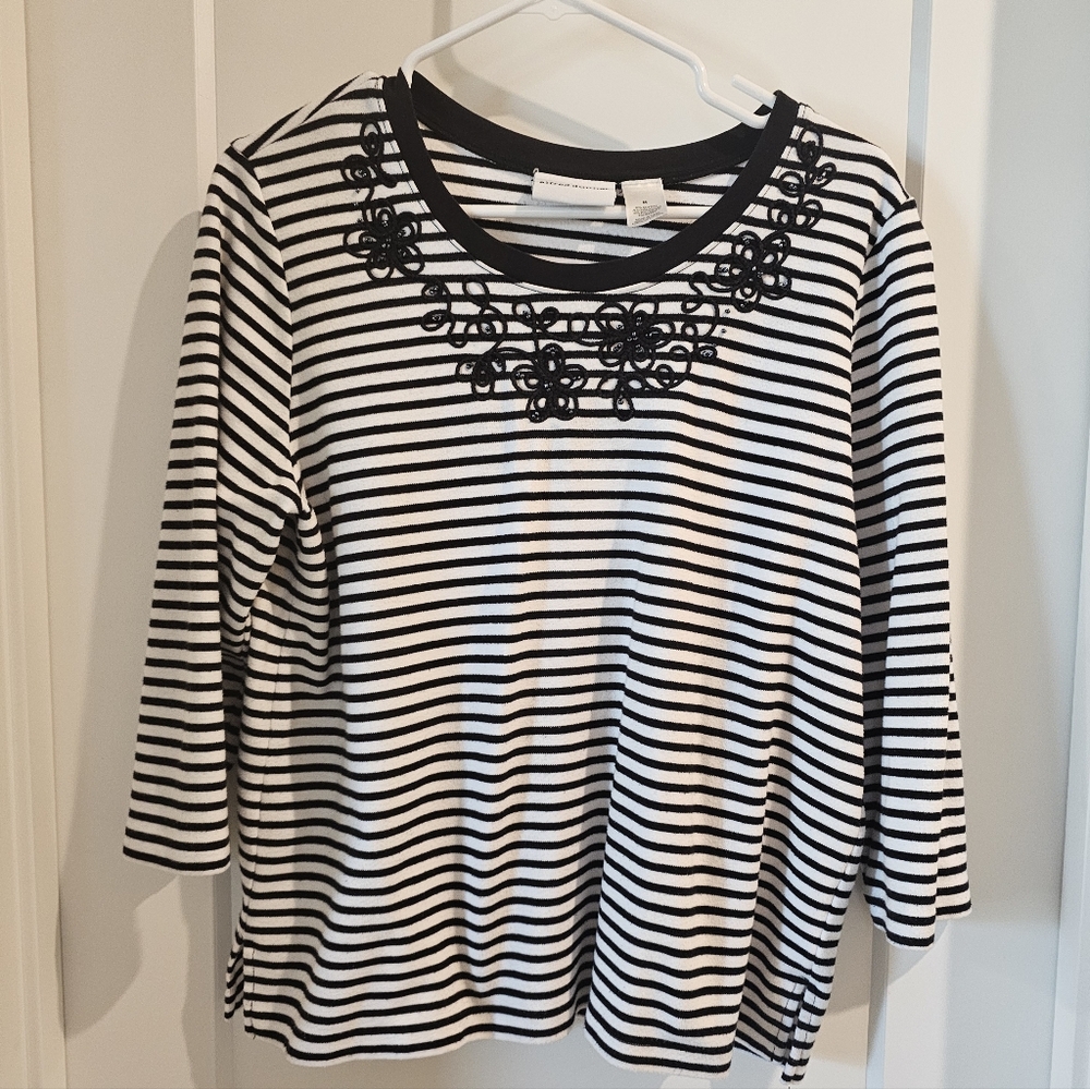 Alfred Dunner Black and White Embellished 3/4 Sleeve Blouse